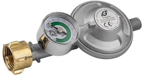 Gasdruckregler mit Manometer perfekt für Gasgrill DRF 428 – Druckminderer für 5 kg und 11 kg Propan-Gasflaschen mit KLF-Anschluss (G.12), 50 mbar Ausgangsdruck, gemäß EN 16129