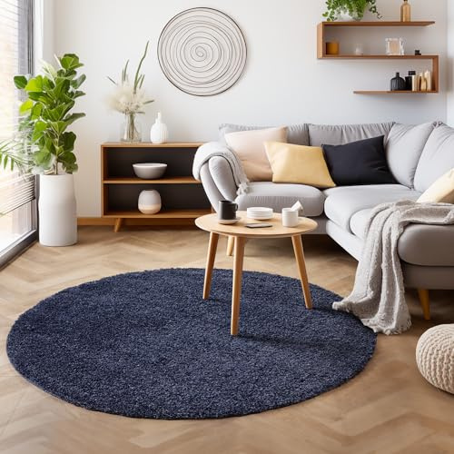 SIMPEX Shaggy Hochflor Teppich, 120 cm Rund, Marineblau, weich, flauschig, modern, einfarbig, Ideal unter Beistelltisch oder im Flur, für Wohnzimmer Schlafzimmer Flur