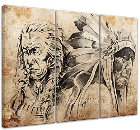 Wandbild Indianer VII, Tattoo Art - 150x90 cm quer mehrteilig Leinwandbilder Bilder als Leinwanddruck Fotoleinwand Urban & Graphic - Amerika - Indianer in Sepia