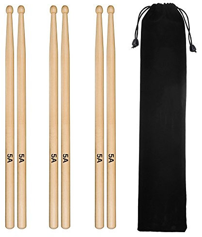 Tuloka 5A Bacchette per Batteria Tamburo Bastoni di Legno Punta Bacchetta Studente Classica Acero Legno, 3 Paia