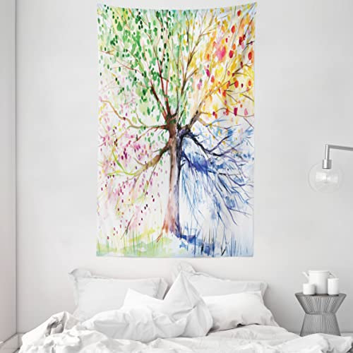 ABAKUHAUS Aquarell Wandteppich und Tagesdecke, 4 Jahreszeiten Bunte aus Weiches Mikrofaser Stoff Waschbar ohne Verblassen Digitaldruck, 140 x 230 cm, Weiß Baumbraun