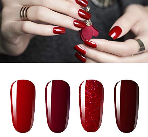 Vishine Set of 4 Semi-Permanent Gel Nail Polishes - Red Glitter - Burgundy - Soak Off UV LED Gel Nail Polish - Classic Collection