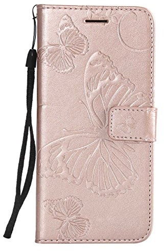 DENDICO Coque pour Huawei P20, Papillon Imprimé PU en Cuir Coque Magnétique Portefeuille TPU Étui Housse pour Huawei P20 - Or Rose