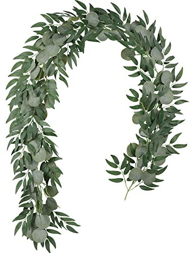 Famibay Künstlich Eukalyptus und Weidenranken Girlande Künstlich Pflanze Eukalyptus Blätter Deko Girlande Hochzeit Kranz Grün Blätter Girlande für Hochzeit Zuhause Dekoration (1 Stück)