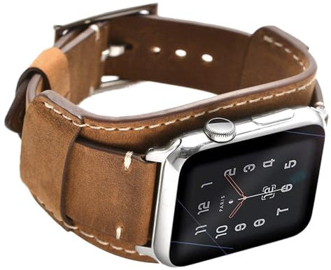 CooBES Kompatibel mit Apple Watch Armband 49mm 45mm 44mm 42mm，Echtes Leder Uhrenarmband Cuff Ersatz Armbänder mit Edelstahlschließe für iWatch Ultra Series 9/8/7/6/5/4/3/2/1 SE SE 2 (Braun)