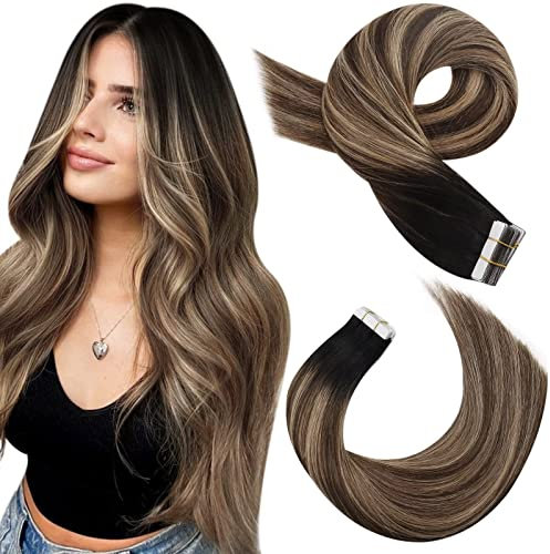 Moresoo Tape Extensions Echthaar Balayage Remy Echthaar Extensions Tape 35 cm Natürliches Schwarz bis Dunkelbraun mit Dunkelblond Ombre Tape in Extensions 20 Stück 50 Gramm #1B/4/14