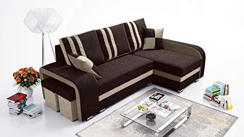 Robin York Ecksofa Mit Schlaffunktion, Bettkasten, Kleine Kissen, Hocker - L-Form Schlafsofa, Freistehende Eckcouch, Wohnzimmermöbel Wohnlandschaft Rechts Beige