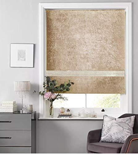 Crushed Velvet Blackout Dim Out Diamante Trim Roller Blinds, Child Safe - Easy Fit Champagne 120cm