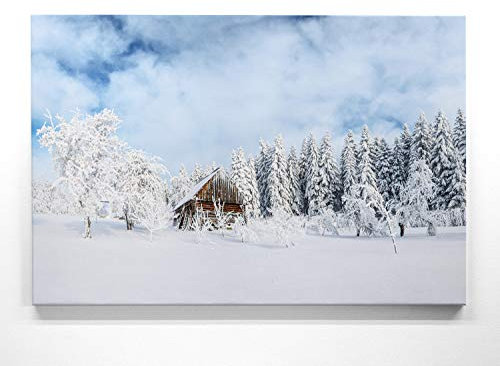 Atemberaubende Winterlandschaft auf Leinwand, Hütte im Schnee - als 120x60cm großes XXL Leinwandbild. Wandbild als Hintergrund und Deko für Wohnzimmer & Schlafzimmer. Aufgespannt auf Holzrahmen