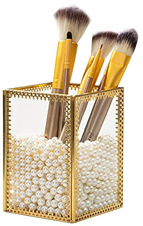 SLHEQING Glas Kosmetik Organizer Golden Vintage Makeup Organizer, Kosmetik Aufbewahrungsbox für Lippenstifte, Nagellack, Kosmetikpinsel