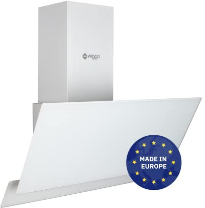 Wiggo Dunstabzugshaube 50cm kopffrei I Abluft Umluft Dunstabzug 300m³/h - LED Touch-Display 3 Stufen I Schräghaube inkl. Fettfilter & 2x Kohlefilter I Abzugshaube mit 2 teiliger Glasfront weiß