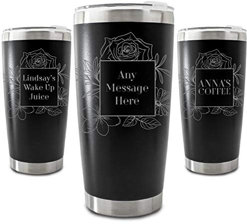 Personalised Engraved 500ml Black Travel Cup with Floral Square Design, Personalise with Any Message or Name