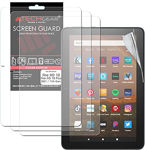 TECHGEAR [3 Stück Displayschutz Kompatibel mit Neue Amazon Fire HD 10 / HD 10 Plus Tablette (2021 11. Generation) Ultra Klare Schutz folie mit Reinigungstuch + Applikationskarte