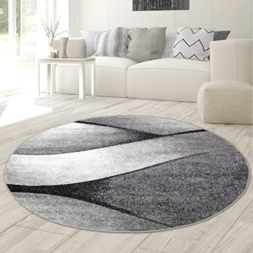 Teppich-Traum Runder moderner Dekoteppich Wellen Design in schwarz grau anthrazit - pflegeleicht & strapazierfähig Größe 160 cm rund