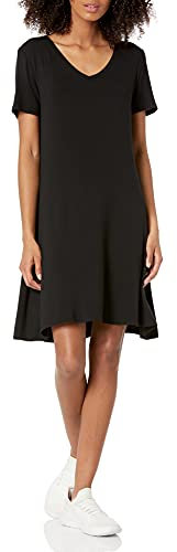 Amazon Essentials Robe Swing Coupe Classique à Manches Courtes et col en V Femme, Noir, S