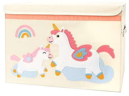 Lucky Sign - Aufbewahrungsbox Kinder Spielzeugkiste mit Deckel Wasserdicht und Waschbare Aufbewahrungskorb mit 2 Griffen Faltbare Spielzeug Box Organisator für Kinderzimmer, 51x36x36cm - Einhorn