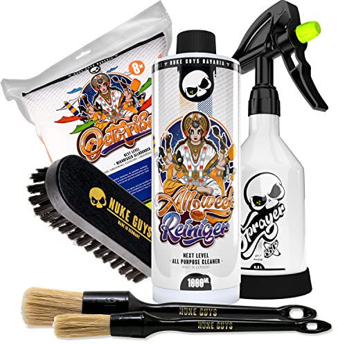Nuke Guys Allzweckreiniger Bundle - für Auto Innen-& Außenreinigung - Allzeckreiniger Konzentrat 1L + Sprühflasche + 1x Polster-/Lederbürste + 2X Reinigungspinsel + 8X Mikrofaser Set