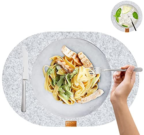 MIQIO® Filz Tischset Oval - Nachhaltige Premium Platzsets 12er Set | Schadstoffgeprüft Ökotex | Aus 100% Recycelten PET Flaschen | 44x29 cm | 6 abwaschbare Filzuntersetzer +6 Glas Untersetzer rund