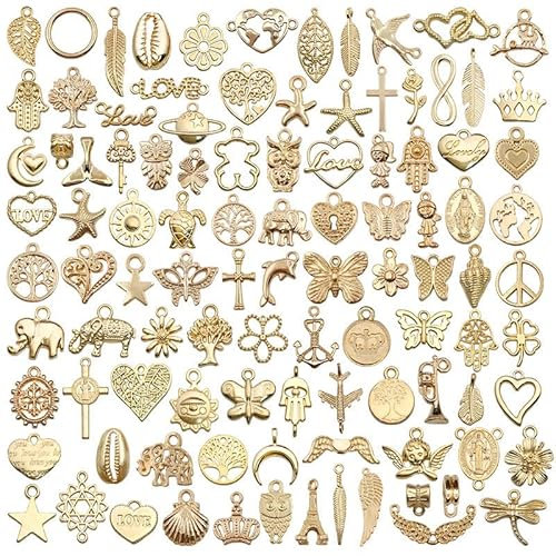 100 Stück Gemischte Diy Anhänger, Schmuckanhänger Zum Basteln, Charm-Halskette-Anhänger, Vintage Anhänger, Für Zubehör Halskette Armband Anhänger Diy Armband Metall Dekorative Accessoires(Gold)