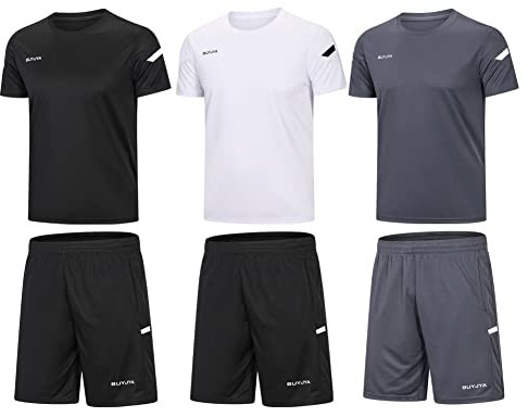 BUYJYA Herren-Trainingskleidung, athletische Shorts und Shirt-Set, 3er-Pack, für Basketball, Fußball, Training, Laufen, Fitnessstudio, X-Large