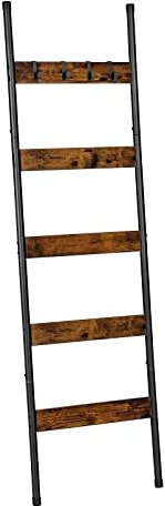 HOOBRO Blanket Ladder, Towel Rack with Hooks, Towel Ladder, 5-Tier Wall-Leaning Blanket Rack, Decorative Display Ladder Shelf, for Scarves, Bedroom, Industrial, Rustic Brown and Black EBF52CJ01