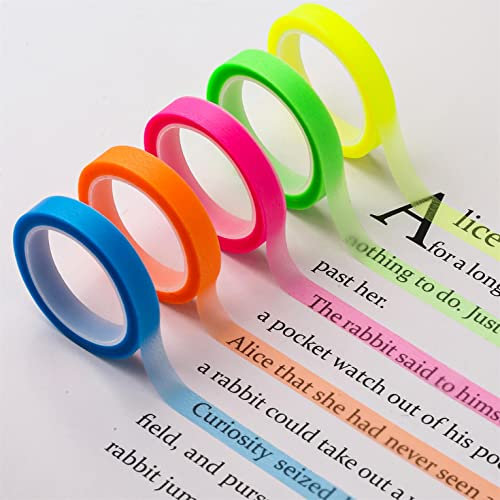 5 Rotoli Nastro Evidenziatore Rimovibilie, 6mm x 5m Nastro Fluorescente Adesivo Evidenziatori Fluorescenti Nastro Colorato Trasparente per Studenti Insegnanti Lettura in Classe Ufficio Casa