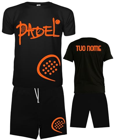Vestipassioni Padel personalisierbares T-Shirt und Shorts, schwarz, 5 Größen erhältlich und 5 Druckfarben, für Wettkampf und Training