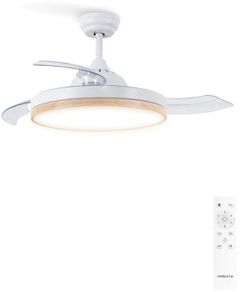 CREATE / WIND CLEAR/Ventilatore da soffitto con luce e telecomando, bianco legno naturale / 40W, Ø108 cm, timer, 6 velocità, pale retrattili, 3 temperature di luce, funzione estate-inverno