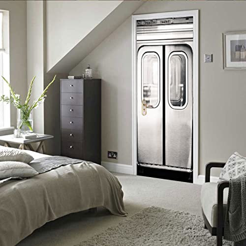 Türtapete selbstklebend Silber & Aufzug Türaufkleber Türfolie Türposter B77 x H200cm