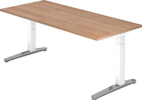 bümö manuell höhenverstellbarer Schreibtisch 180x80 in Nussbaum, Gestell in weiß/alu - PC Tisch höhenverstellbar & groß, höhenverstellbarer Tisch Büro, großer Computertisch verstellbar