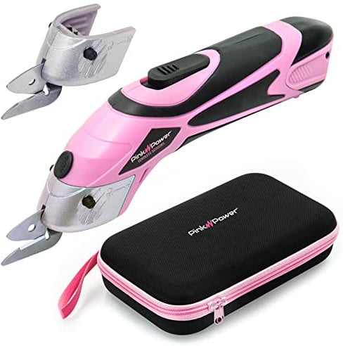 Pink Power Electric Fabric Scissors Box Cutter for Crafts, Sewing, Cardboard, Carpet, & Scrapbooking - Heavy Duty Professional Cutting Tool - Cordless Electric Scissors Fabric Cutter w/Storage Case