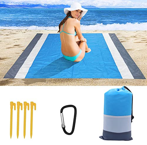 Horuili Tapis de Plage, Imperméable Couverture Pique Niques 210 x 200CM, Anti Sable Couverture de Plage 4 Piquets de Fixation, pour Plage Camping Voyage Vacances (Bleu)