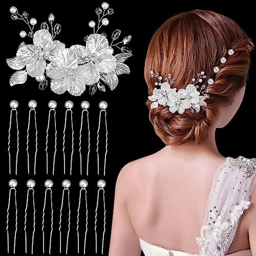Becellen 13 Stück Haarschmuck Hochzeit, Perle Blumen Haarspange Hochzeit U-Förmige Braut Haarnadeln für Frauen und Mädchen