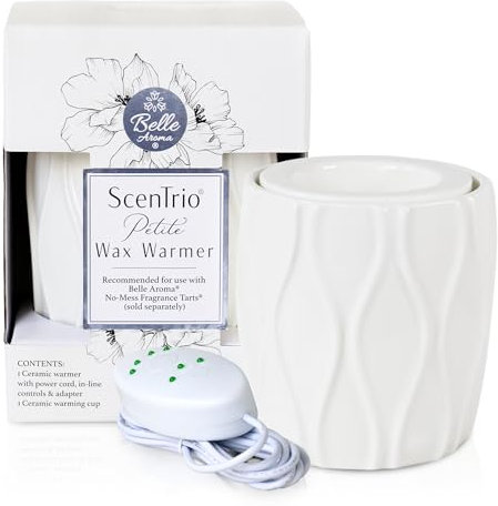 Belle Aroma ScenTrio Petit Chauffe-Cire électrique en céramique avec 3 réglages de température et minuterie pour Fondre, tartelettes parfumées sans désordre, Bougies et huiles essentielles – Blanc