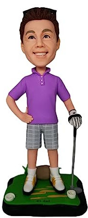 Individuelle Wackelkopf-Figur, maßgeschneiderte Puppe, violetter Golfer, handgefertigter Wackelkopf, Geburtstagsgeschenk, Wackelkopf-Figuren, personalisierte Skulptur