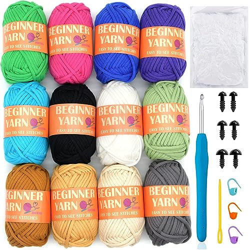 Häkelgarn für Anfänger, Kaffeebraun, Beige, Grau, Baumwolle, Häkelgarn zum Häkeln, Stricken, Anfänger, mit leicht zu sehenden Stichen, mehrfarbig, Mini-Häkelgarn für Anfänger, Häkelset (12 x 25 g)