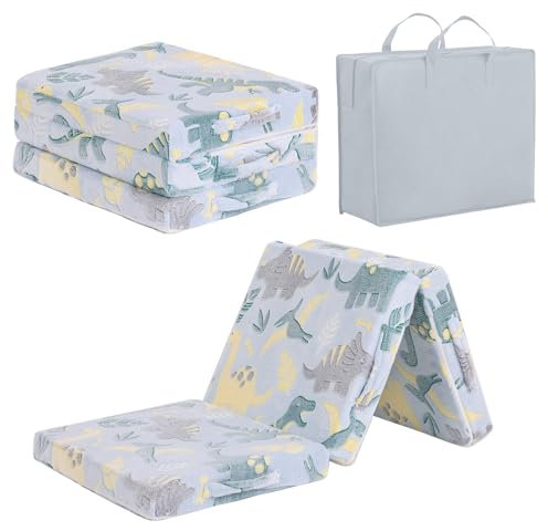 Tiita Trifold Bodenmatratze für Kinder, 145 x 56 x 8 cm Glow in The Dark Baby Kinder Futon mit abnehmbarem Bezug, Portable Schaumstoff Kleinkind Nap Matte mit Aufbewahrungstasche, grün Dinosaurier