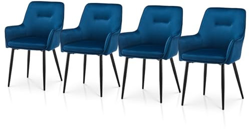 TUKAILAI Esszimmerstühle 4er-Set aus Samt, Küchenstühle mit Armlehnen, Freizeitstühle mit Metallbeinen und Kissen, Esszimmer, Wohnzimmer, Schlafzimmer, Empfangsraum, Restaurant,Blau