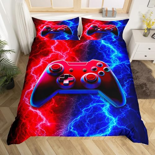 Videospiele-Bettwäsche-Set für King-Size-Bett, rot-blaue Blitze, Gamepad-Bettwäsche-Set für Kinder, Jungen, Teenager, Zimmer-Dekor, moderner Gamer-Bettbezug für Kinder, Gaming, Bettbezug mit 2