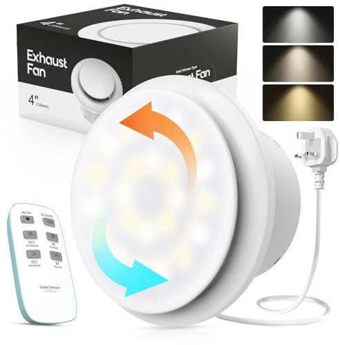 SLUELI 100mm 4 Bathroom Extractor Fan with 3 LED Lights,Upgraded 2 Way/2 Speed Ventilation Fan with Remote,2W Energy Saving Exhaust Fan,Easy Install on Wall Window Ceiling in Bathroom Kitchen Garage