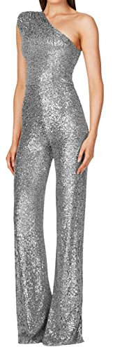 IQYU Hosenanzug Damen Hochzeit Festlich Lang Jumpsuit Festlich Elegant Mit Glitzer One Shoulder Jumpsuits Sommer Ärmellose Ganzkörperanzug Mit Weitem Bein Playsuit Pailletten Overalls Party Cocktail