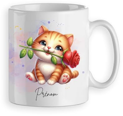 Mug tasse chaton chat mignon avec rose rouge personnalisable prénom cadeau original