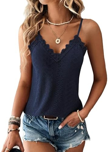 Haibang Debardeur Femme Chic et Élégant Été Top Caraco Dentelle sans Manche Bretelles Spaghetti Haut Sexy Lâche Chemise Oeillet Broderie Camisole Mode Casual Tank Tops