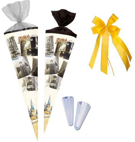 Nestler Schultüten-Set zum Befüllen, Handgemachte Zuckertüte aus Karton - Lizenzmotiv Harry Potter - Magical Moments, Schultüte, Spitzenschutz, Schleife (85 cm 6-eckig)