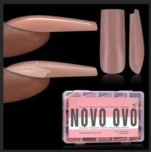 NOVO OVO Instant Apex Sculpted Square Nail Tips, BROWN PINK Full Cover Acrylic Viral Press on, Pre-applied Tip Primer & Base Coat, Extra Thick High Instant Apex Fake Nail Extensions 15 sizes 150 pcs