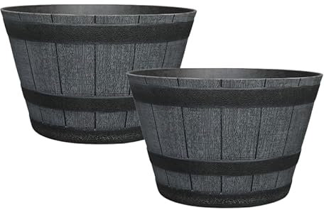 Fixtures Business & Homewares Barrel Cask Planter Medium, Grey 40cm x 27cm (Twin Pack). Indoor Outdoor, Weather Proof, Classic Design.
