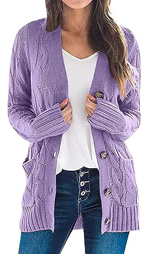 Strickjacke Damen Long Cardigan Damen Große Größen Oberteile Mit Knopfleiste Übergrößen Strickjacke Oversized Offene Form Feinstrick V-Ausschnitt Langarm Flieder Strickcardigan Baumwollmischung
