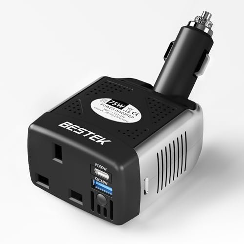 BESTEK 75W Power Inverter 12V to 240V 230V Car Charger Voltage Converter Transformer with UK Outlet Socket and Dual PD30W USB Ports Auto Adapter Plug for Phone Tablet Laptop