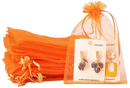 100pk Orange Organza Gift Bags,7x9cm Small Organza Favor Bags,Wedding Jewelry Pouches with Drawstring,Mesh Candy Favour Bag Party Sweet Bags for Birthday,Wedding,Christmas,Gift Wrapping