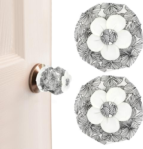LLOUSSAK 2Pcs Door Handle Covers with Soft Foam Cushion, Black and White Floral Pattern, Reusable Round Cotton Door Knob Covers for Interior Doors, Protector Decoration